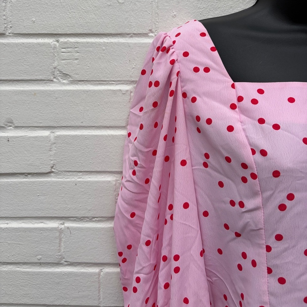 Miss Selfridge SQUARE NECK TOP WITH PUFF SLEEVES IN RED POLKA DOT-PINK, SZ 8 EUC - Picture 7 of 11